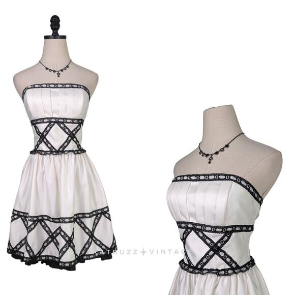 Vintage Mcclintock Prom Dress Cocktail Gown 8 Cream Black Mini 90s Y2K Strapless - Picture 1 of 12